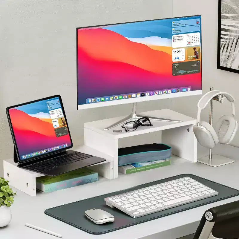 Support d'écran double niveau FurnitureR, support ergonomique pour écran d'ordinateur avec étagère de rangement, organisateur de bureau pour ordinateur portable, PC et fournitures de bureau