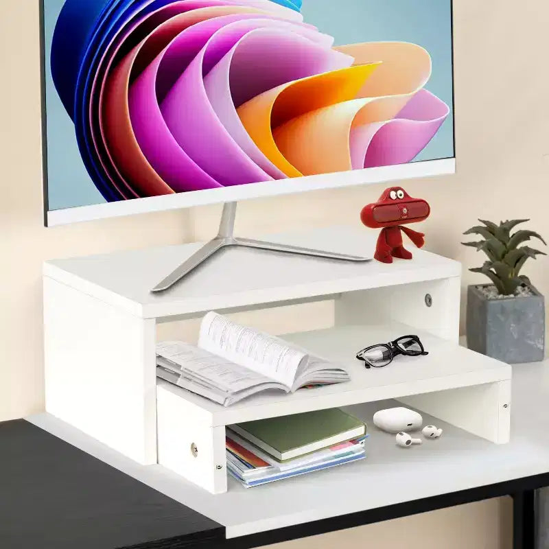 Support d'écran double niveau FurnitureR, support ergonomique pour écran d'ordinateur avec étagère de rangement, organisateur de bureau pour ordinateur portable, PC et fournitures de bureau