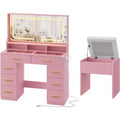 COZONY 42 LED Makeup Vanity Desk with Large Mirror, 8 Drawers, Charging Station & Storage Stool, Pink