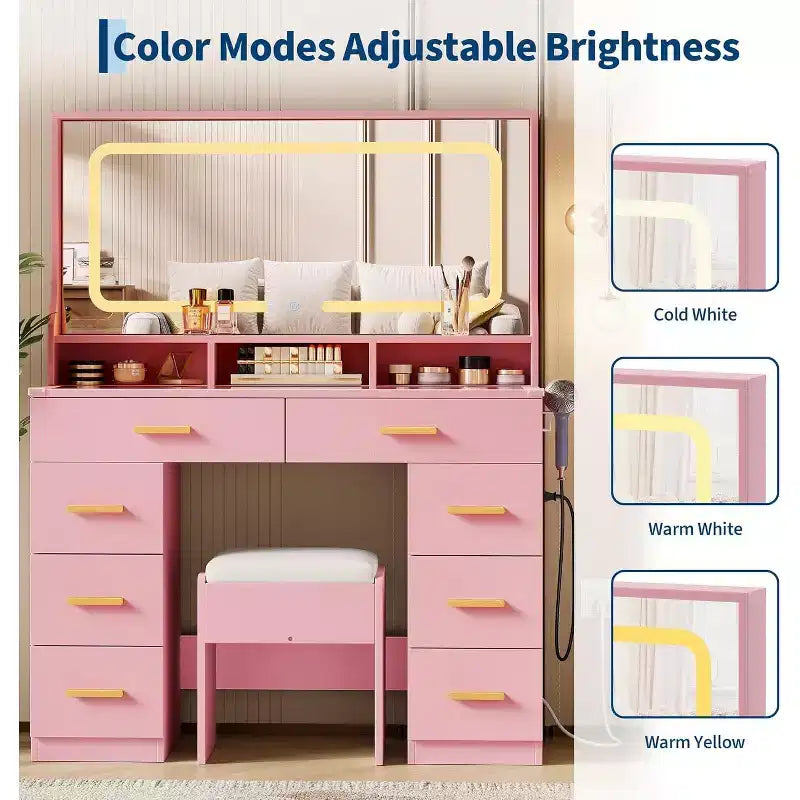 COZONY Coiffeuse de maquillage 42 LED avec grand miroir, 8 tiroirs, station de charge et tabouret de rangement, Rose