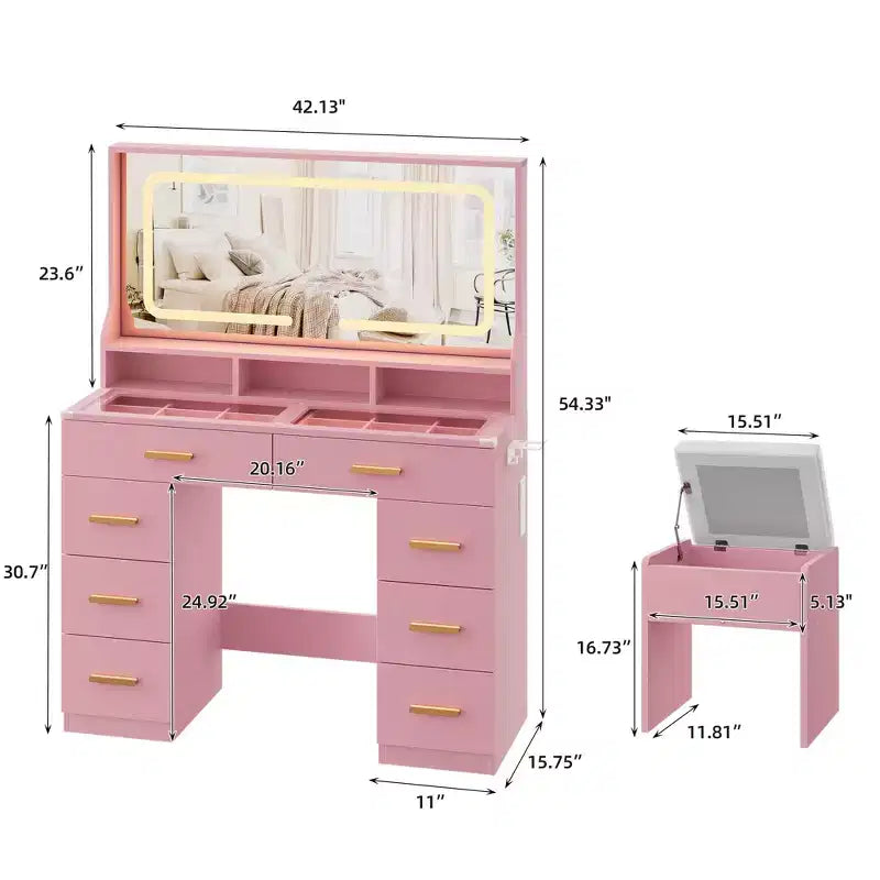 COZONY Coiffeuse de maquillage 42 LED avec grand miroir, 8 tiroirs, station de charge et tabouret de rangement, Rose