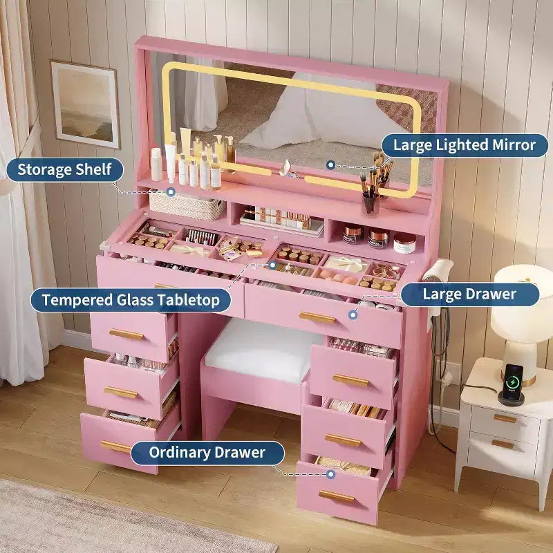 COZONY Coiffeuse de maquillage 42 LED avec grand miroir, 8 tiroirs, station de charge et tabouret de rangement, Rose