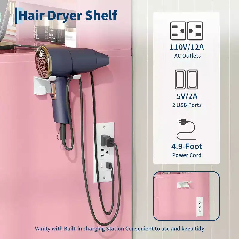 COZONY Coiffeuse de maquillage 42 LED avec grand miroir, 8 tiroirs, station de charge et tabouret de rangement, Rose