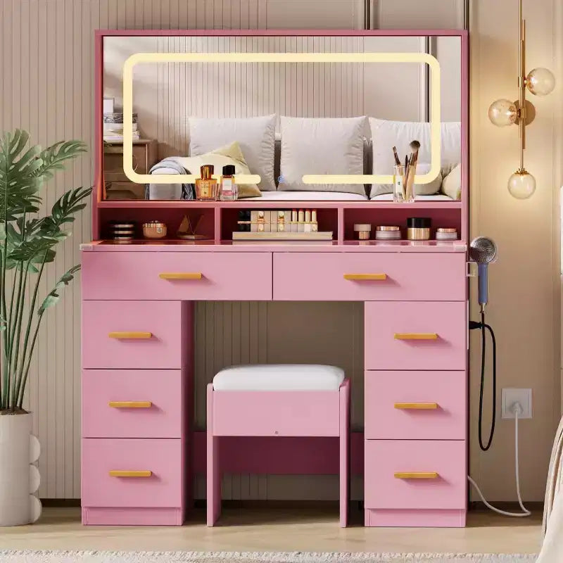 COZONY Coiffeuse de maquillage 42 LED avec grand miroir, 8 tiroirs, station de charge et tabouret de rangement, Rose