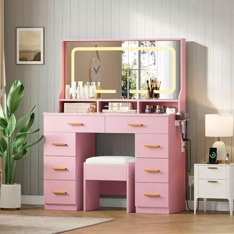 COZONY Coiffeuse de maquillage 42 LED avec grand miroir, 8 tiroirs, station de charge et tabouret de rangement, Rose
