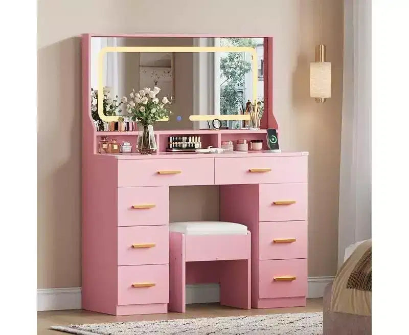 COZONY Coiffeuse de maquillage 42 LED avec grand miroir, 8 tiroirs, station de charge et tabouret de rangement, Rose