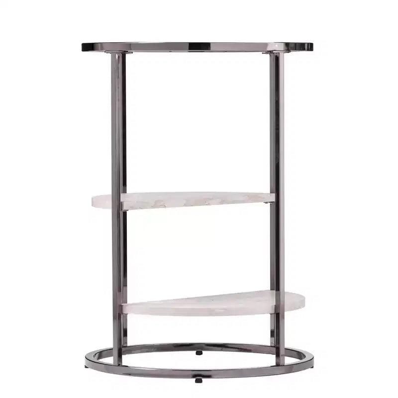 HomeRoots 24 Black Metal Glass And Faux Marble Round End Table With Two Shelves