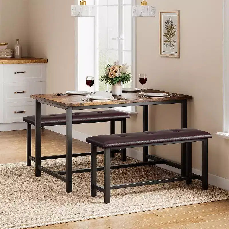 Ensemble table à manger pour 4, table de cuisine avec bancs, ensemble table de salle à manger rectangulaire avec 2 bancs rembourrés, ensemble table à manger 3 pièces pour petits espaces