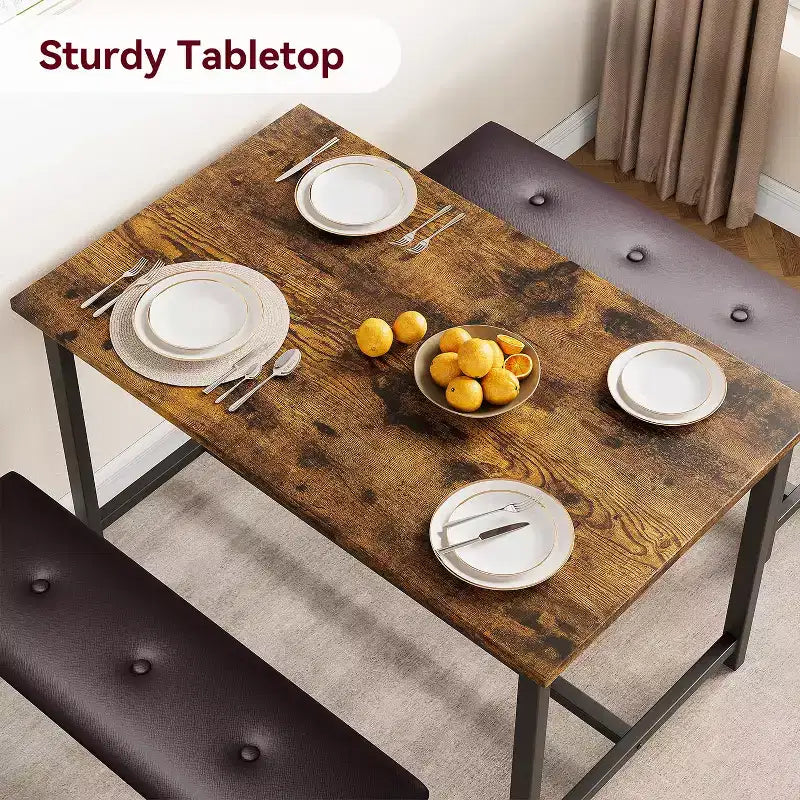 Ensemble table à manger pour 4, table de cuisine avec bancs, ensemble table de salle à manger rectangulaire avec 2 bancs rembourrés, ensemble table à manger 3 pièces pour petits espaces