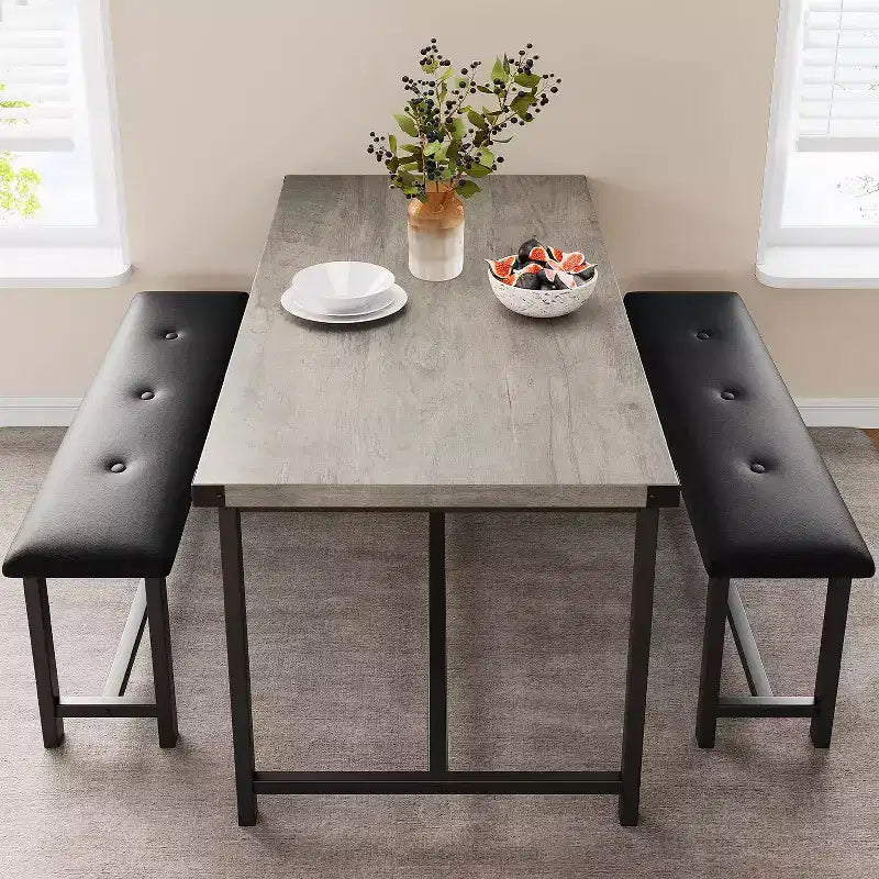 Ensemble table à manger pour 4, table de cuisine avec bancs, ensemble table de salle à manger rectangulaire avec 2 bancs rembourrés, ensemble table à manger 3 pièces pour petits espaces