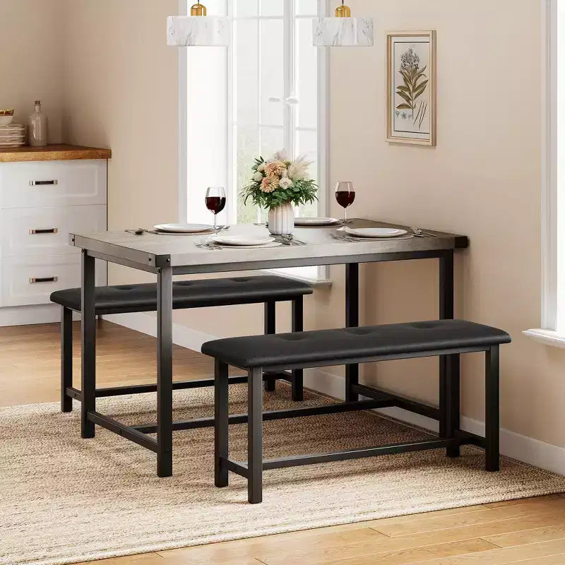 Ensemble table à manger pour 4, table de cuisine avec bancs, ensemble table de salle à manger rectangulaire avec 2 bancs rembourrés, ensemble table à manger 3 pièces pour petits espaces
