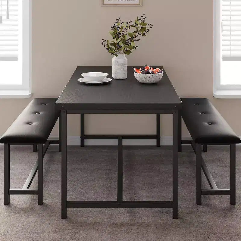 Ensemble table à manger pour 4, table de cuisine avec bancs, ensemble table de salle à manger rectangulaire avec 2 bancs rembourrés, ensemble table à manger 3 pièces pour petits espaces