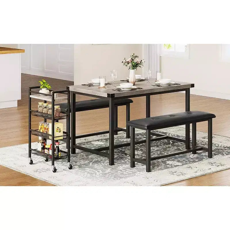 Ensemble table à manger pour 4, table de cuisine avec bancs, ensemble table de salle à manger rectangulaire avec 2 bancs rembourrés, ensemble table à manger 3 pièces pour petits espaces
