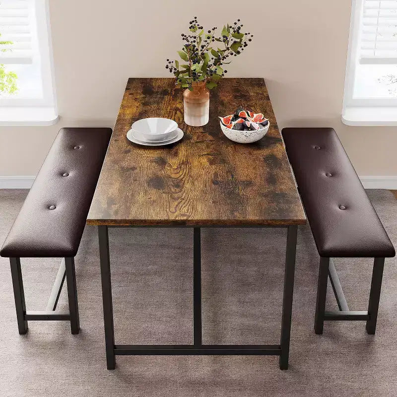 Ensemble table à manger pour 4, table de cuisine avec bancs, ensemble table de salle à manger rectangulaire avec 2 bancs rembourrés, ensemble table à manger 3 pièces pour petits espaces