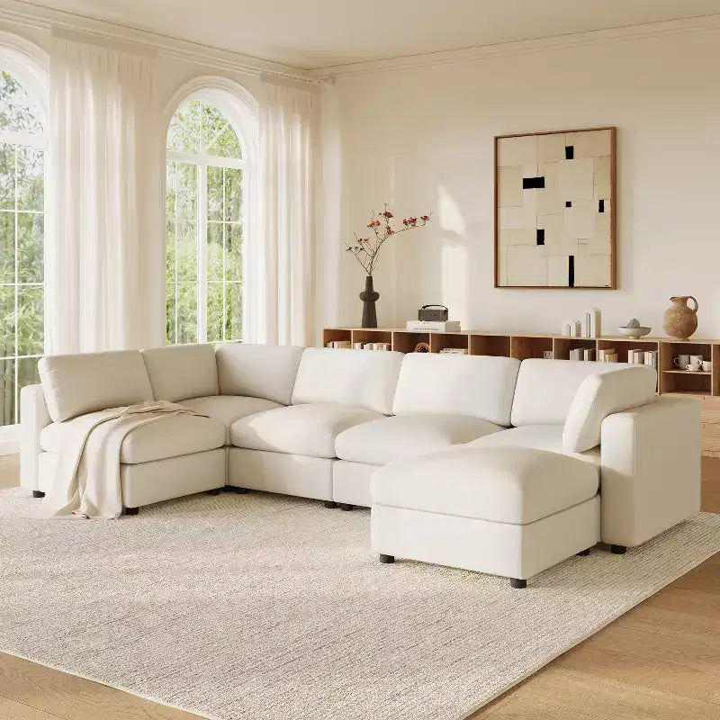 GDFStudio Hudson Canapé modulable d'angle 6 places moderne en chenille convertible en lit en forme de U avec pouf
