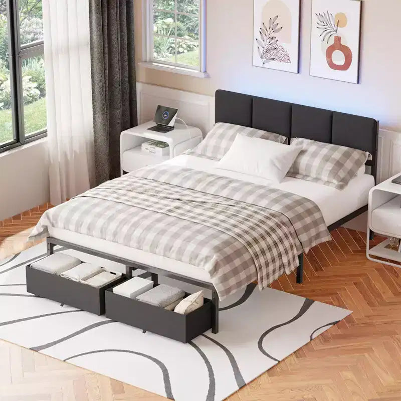 Cadre de lit double rembourré Qwatto avec lumières LED, station de charge, 2 tiroirs de rangement, lit plateforme sans sommier, mobilier de chambre moderne