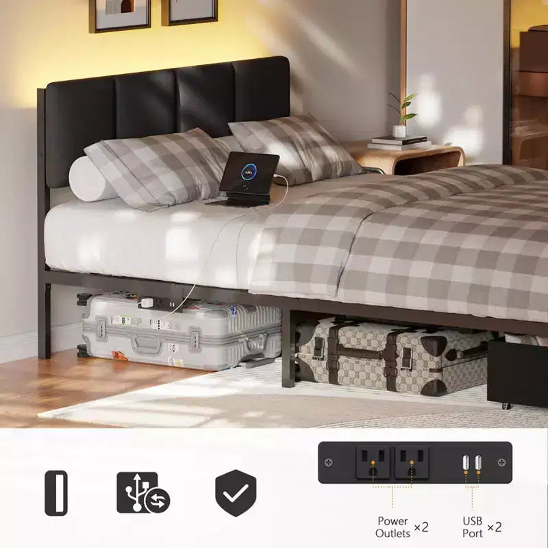 Cadre de lit double rembourré Qwatto avec lumières LED, station de charge, 2 tiroirs de rangement, lit plateforme sans sommier, mobilier de chambre moderne