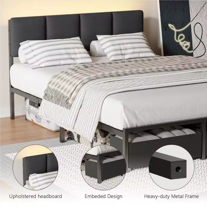 Cadre de lit double rembourré Qwatto avec lumières LED, station de charge, 2 tiroirs de rangement, lit plateforme sans sommier, mobilier de chambre moderne