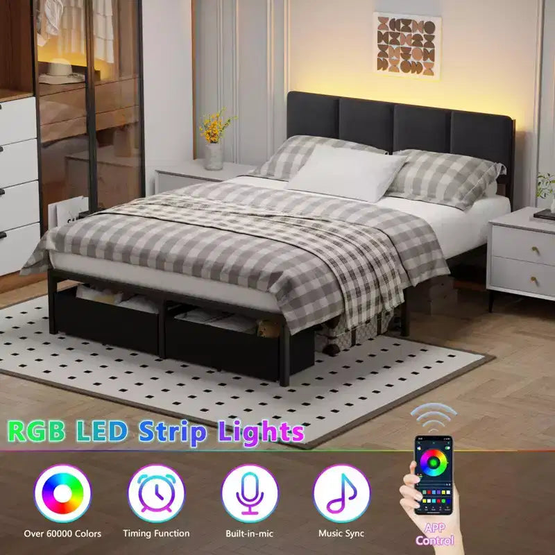 Cadre de lit double rembourré Qwatto avec lumières LED, station de charge, 2 tiroirs de rangement, lit plateforme sans sommier, mobilier de chambre moderne