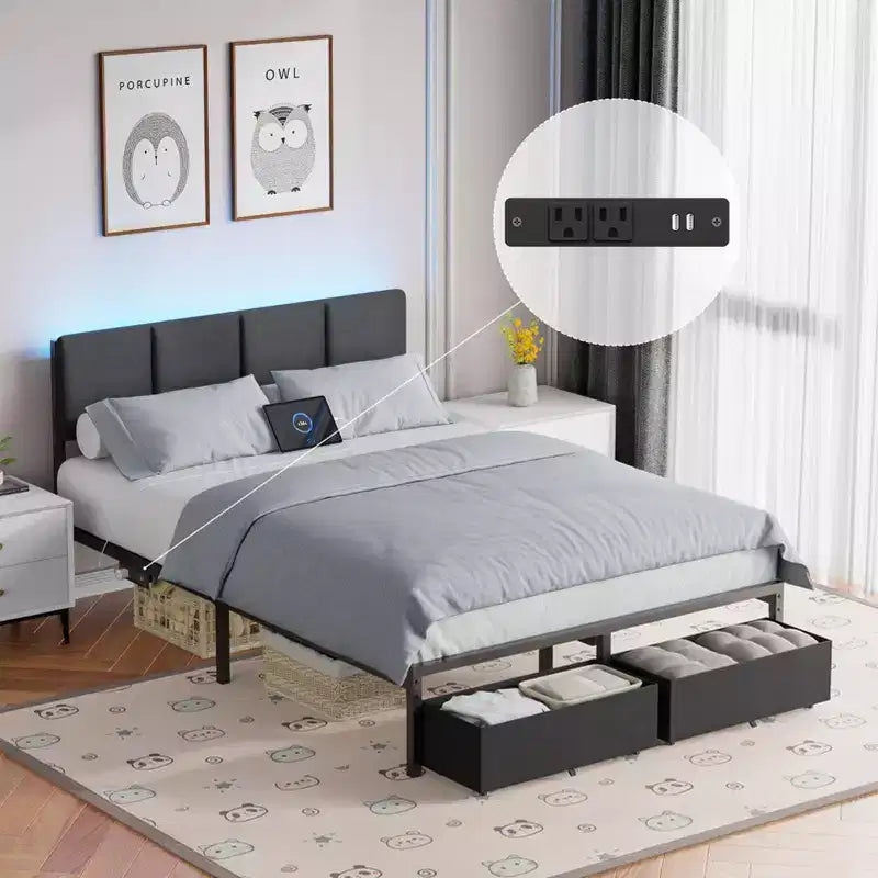 Cadre de lit double rembourré Qwatto avec lumières LED, station de charge, 2 tiroirs de rangement, lit plateforme sans sommier, mobilier de chambre moderne