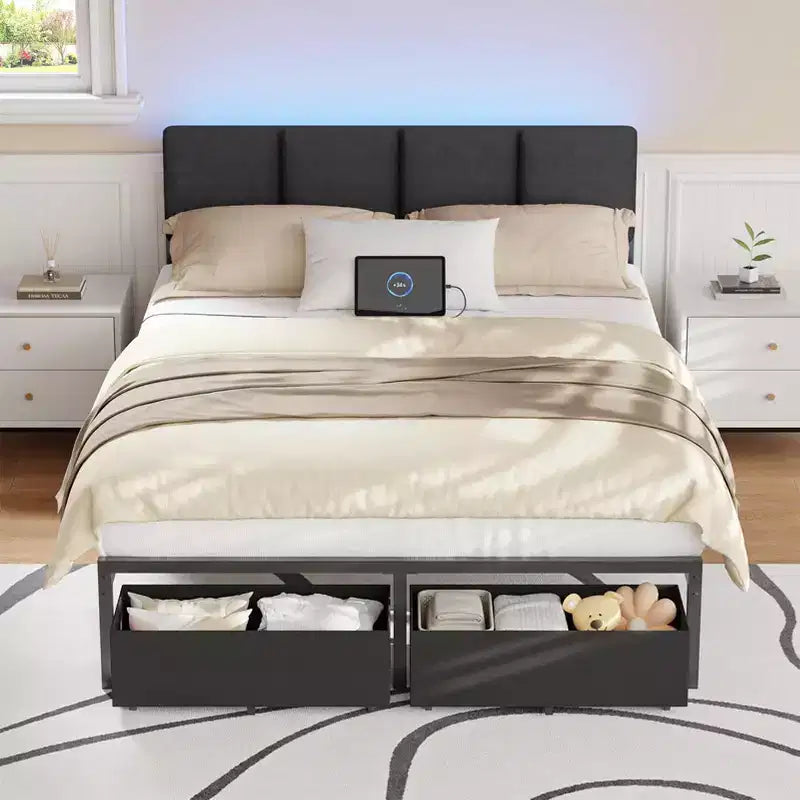 Cadre de lit double rembourré Qwatto avec lumières LED, station de charge, 2 tiroirs de rangement, lit plateforme sans sommier, mobilier de chambre moderne