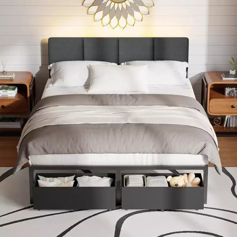 Cadre de lit double rembourré Qwatto avec lumières LED, station de charge, 2 tiroirs de rangement, lit plateforme sans sommier, mobilier de chambre moderne
