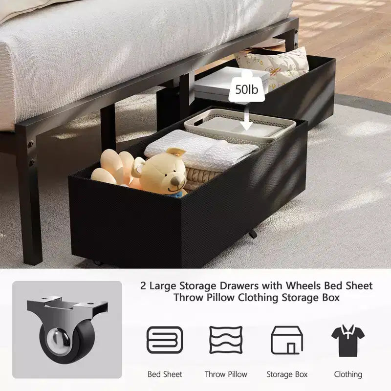Cadre de lit double rembourré Qwatto avec lumières LED, station de charge, 2 tiroirs de rangement, lit plateforme sans sommier, mobilier de chambre moderne