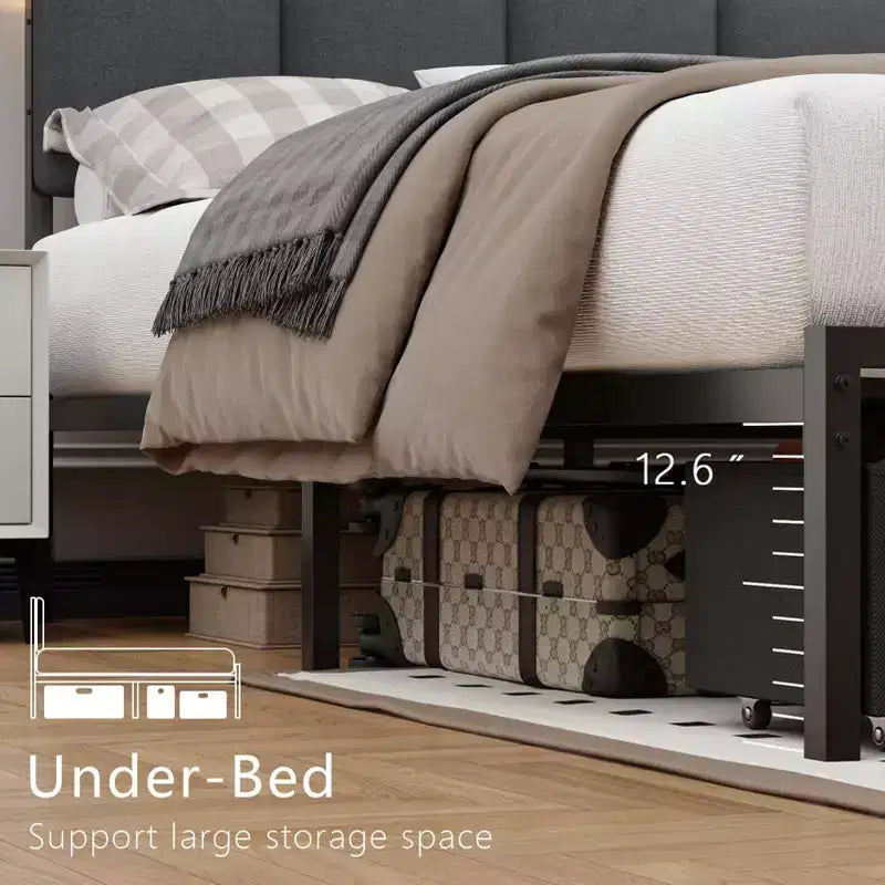 Cadre de lit double rembourré Qwatto avec lumières LED, station de charge, 2 tiroirs de rangement, lit plateforme sans sommier, mobilier de chambre moderne