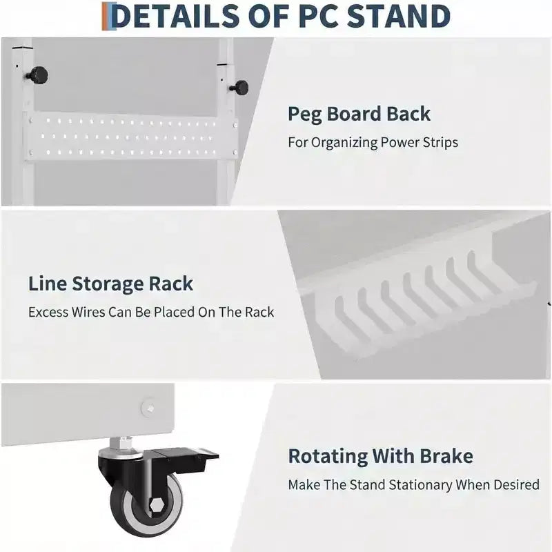 Support de tour d'ordinateur ajustable sur roulettes avec gestion des câbles, hauteur réglable de 58 à 86,6 cm pour sous le bureau. Support mobile à 2 niveaux pour bureau et maison, blanc.