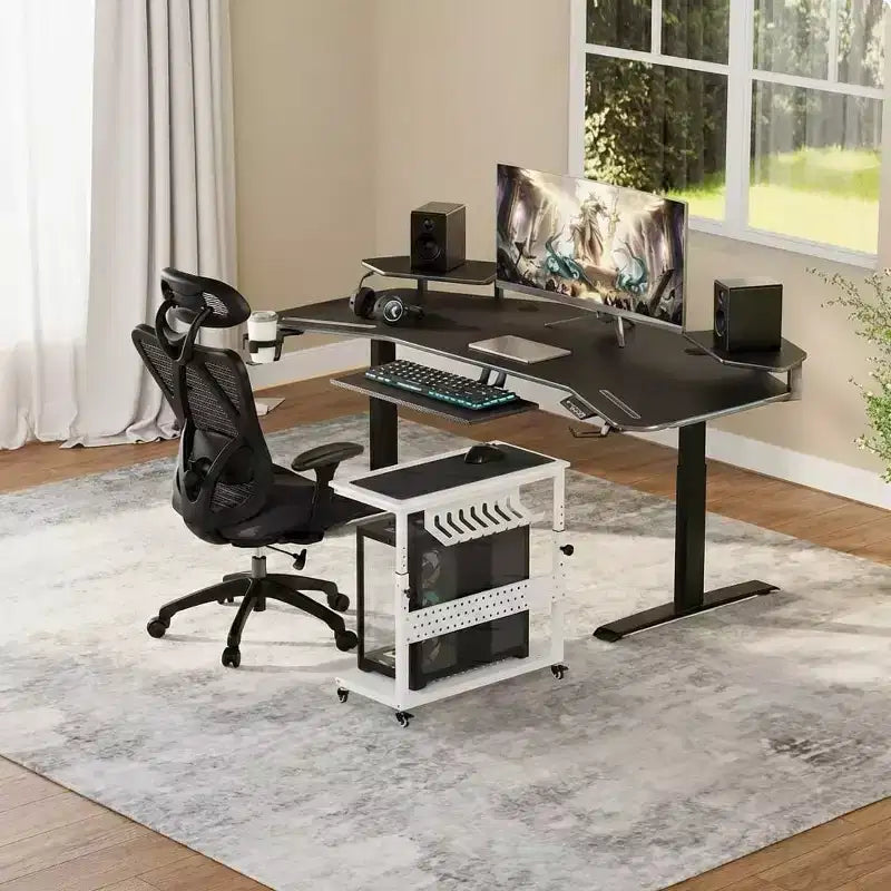 Support de tour d'ordinateur ajustable sur roulettes avec gestion des câbles, hauteur réglable de 58 à 86,6 cm pour sous le bureau. Support mobile à 2 niveaux pour bureau et maison, blanc.