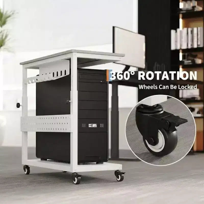 Support de tour d'ordinateur ajustable sur roulettes avec gestion des câbles, hauteur réglable de 58 à 86,6 cm pour sous le bureau. Support mobile à 2 niveaux pour bureau et maison, blanc.