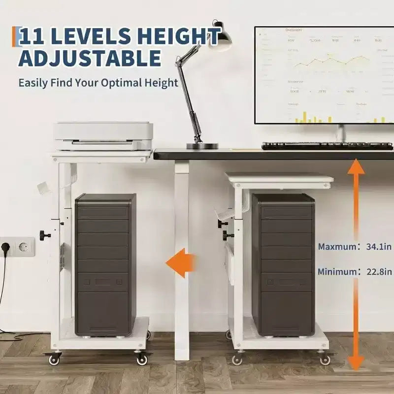 Support de tour d'ordinateur ajustable sur roulettes avec gestion des câbles, hauteur réglable de 58 à 86,6 cm pour sous le bureau. Support mobile à 2 niveaux pour bureau et maison, blanc.