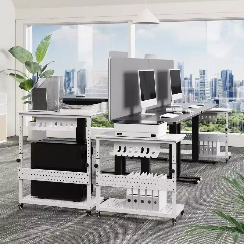 Support de tour d'ordinateur ajustable sur roulettes avec gestion des câbles, hauteur réglable de 58 à 86,6 cm pour sous le bureau. Support mobile à 2 niveaux pour bureau et maison, blanc.
