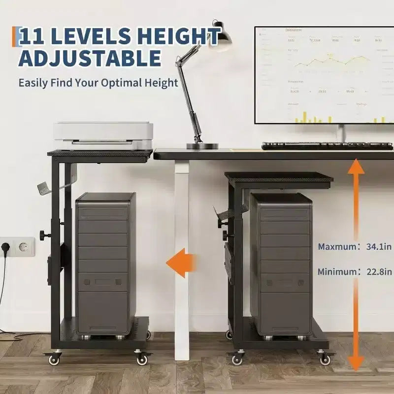 Support de tour d'ordinateur ajustable sur roulettes avec gestion des câbles, hauteur réglable de 58 à 86,6 cm pour sous le bureau. Support mobile à 2 niveaux pour bureau et maison, blanc.