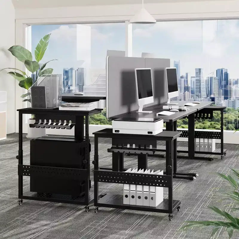Support de tour d'ordinateur ajustable sur roulettes avec gestion des câbles, hauteur réglable de 58 à 86,6 cm pour sous le bureau. Support mobile à 2 niveaux pour bureau et maison, blanc.