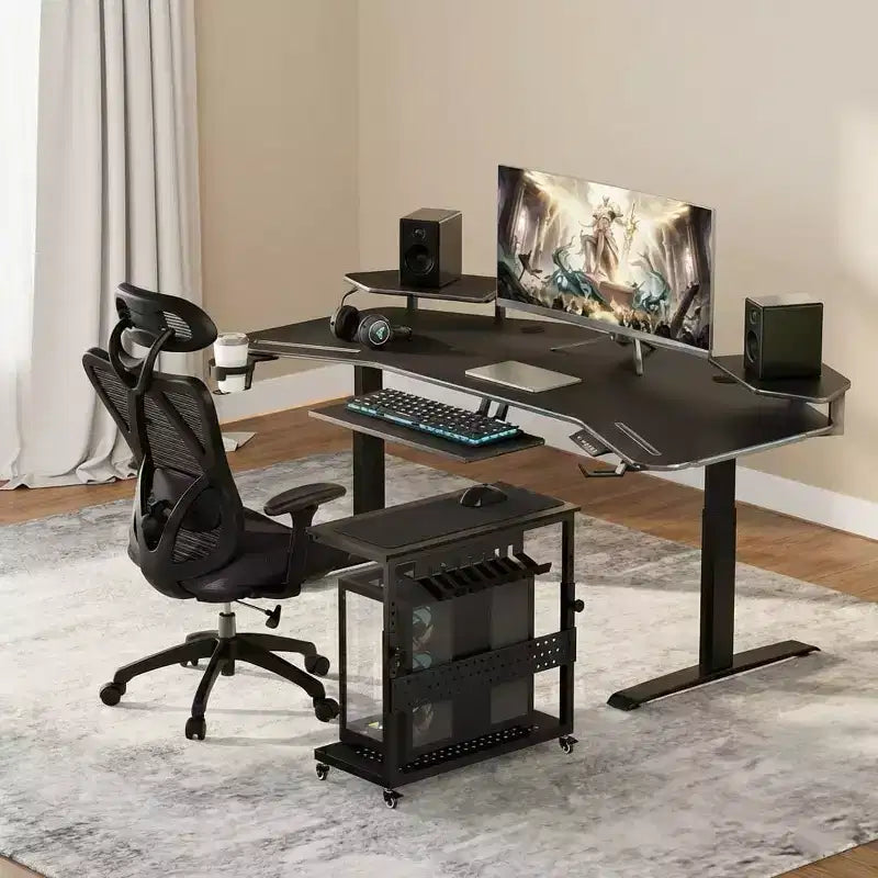 Support de tour d'ordinateur ajustable sur roulettes avec gestion des câbles, hauteur réglable de 58 à 86,6 cm pour sous le bureau. Support mobile à 2 niveaux pour bureau et maison, blanc.