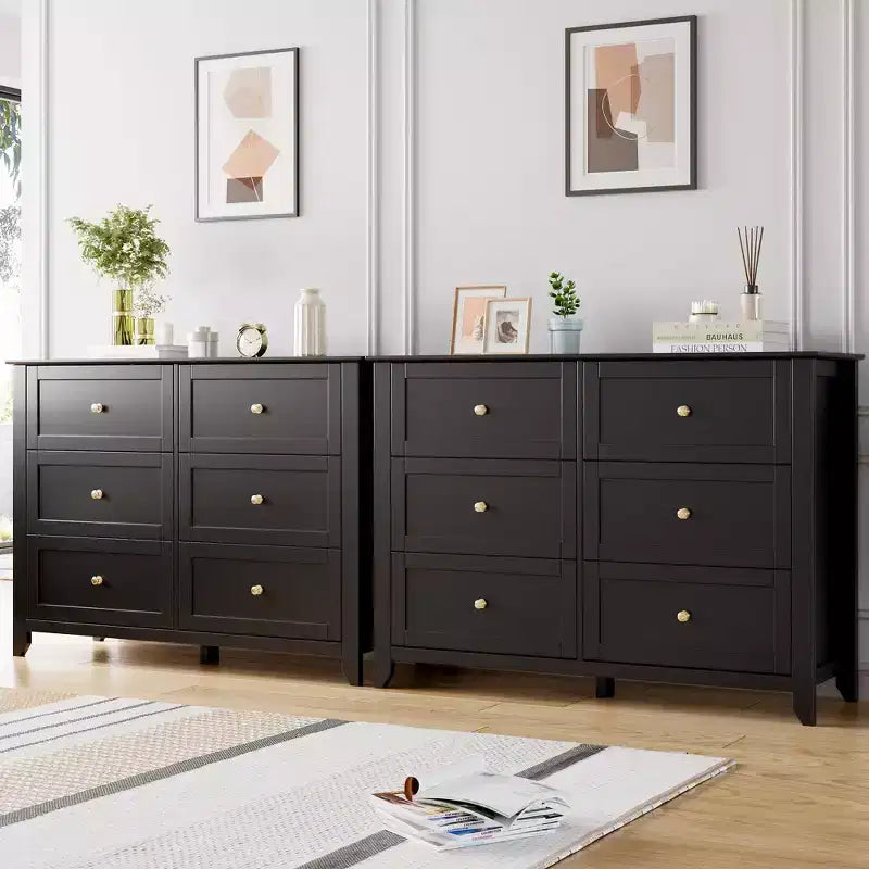 Storage Drawers Unit 2pcs, 6 Chest of Drawer Dresser for 48 Inch TV, Modern Wood Organizer TV Stand for Living Room, Entryway, Hallway, Black