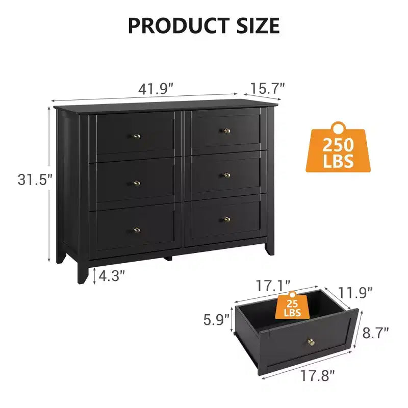 Meuble de Rangement à Tiroirs (Lot de 2), Commode 6 Tiroirs pour Téléviseur 48 Pouces, Meuble TV Organiseur Moderne en Bois pour Salon, Entrée, Couloir, Noir