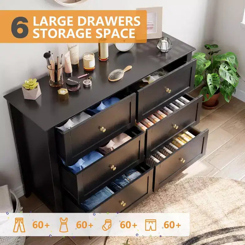 Meuble de Rangement à Tiroirs (Lot de 2), Commode 6 Tiroirs pour Téléviseur 48 Pouces, Meuble TV Organiseur Moderne en Bois pour Salon, Entrée, Couloir, Noir