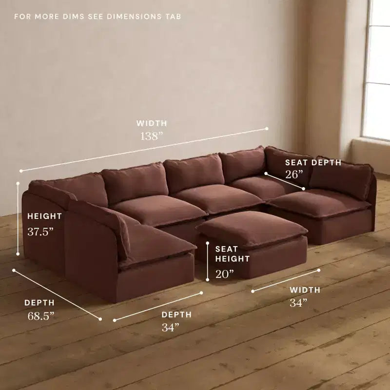 Canapé d'angle en U Anabei modulaire lavable 6 places avec extrémités ouvertes + Pouf | Siège Memorix+ et oreiller profilé
