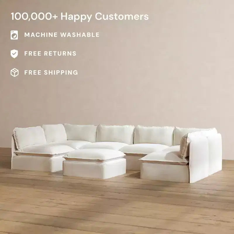 Canapé d'angle en U Anabei modulaire lavable 6 places avec extrémités ouvertes + Pouf | Siège Memorix+ et oreiller profilé