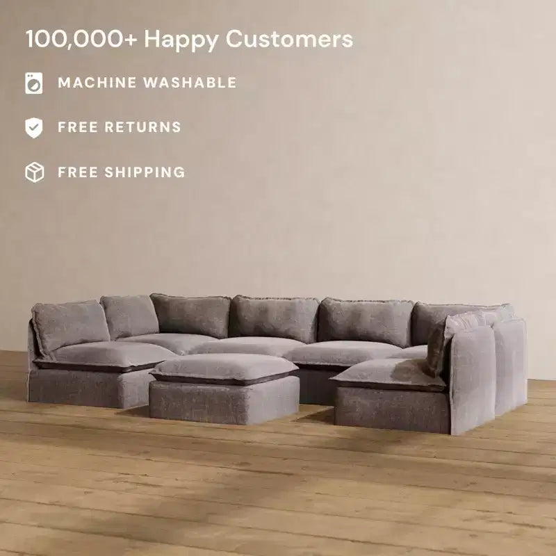 Canapé d'angle en U Anabei modulaire lavable 6 places avec extrémités ouvertes + Pouf | Siège Memorix+ et oreiller profilé