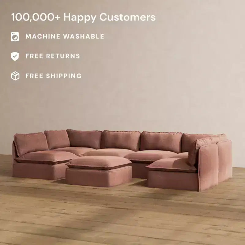 Canapé d'angle en U Anabei modulaire lavable 6 places avec extrémités ouvertes + Pouf | Siège Memorix+ et oreiller profilé