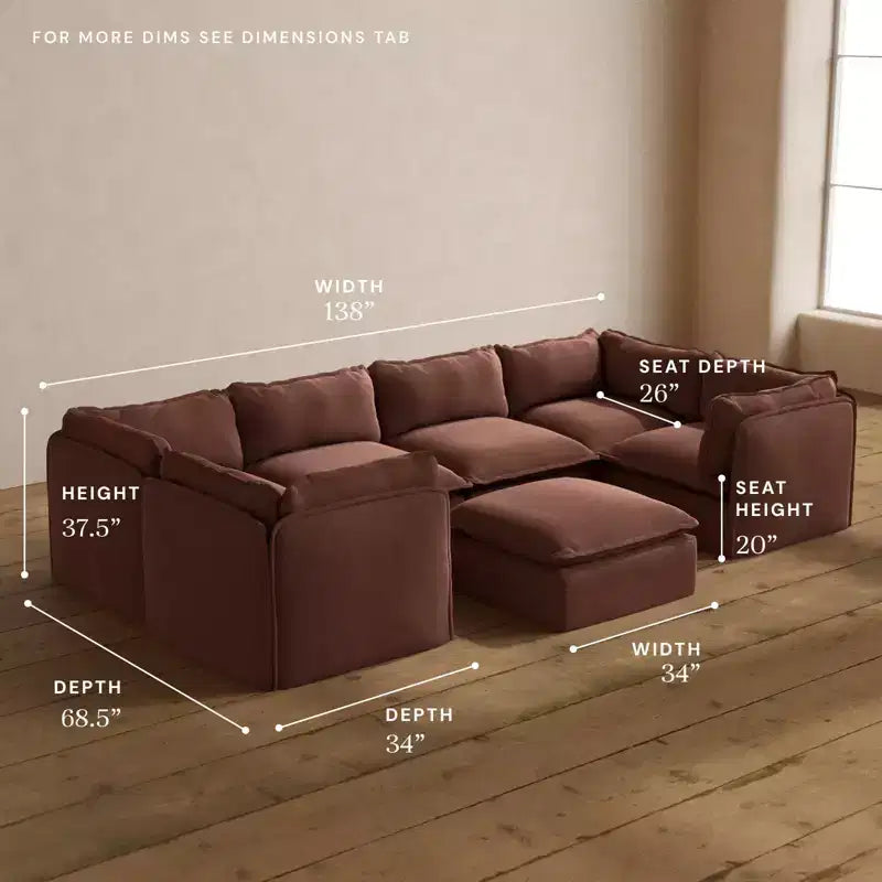 Canapé sectionnel en U Anabei modulaire lavable 6 places + pouf | Assise Deluxe+ et oreiller Cloud