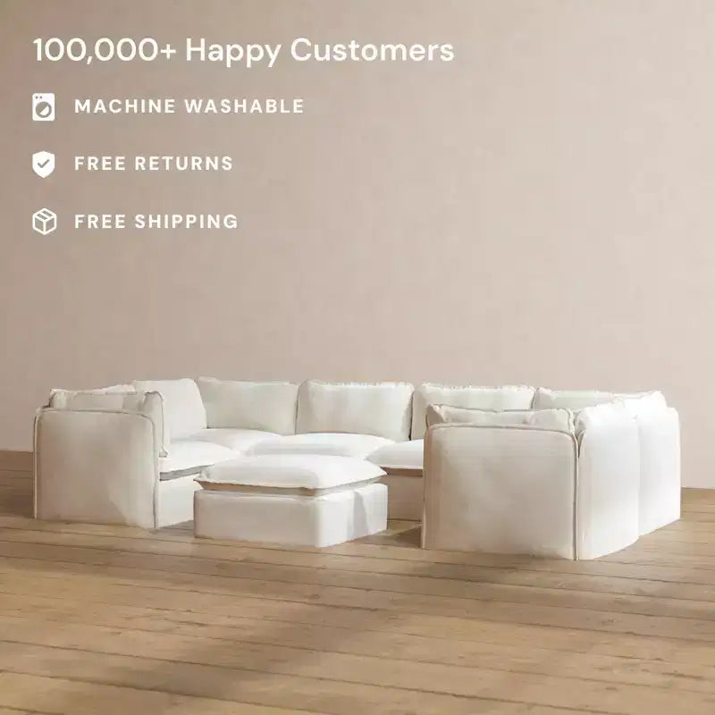 Canapé sectionnel en U Anabei modulaire lavable 6 places + pouf | Assise Deluxe+ et oreiller Cloud
