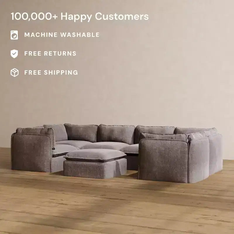 Canapé sectionnel en U Anabei modulaire lavable 6 places + pouf | Assise Deluxe+ et oreiller Cloud