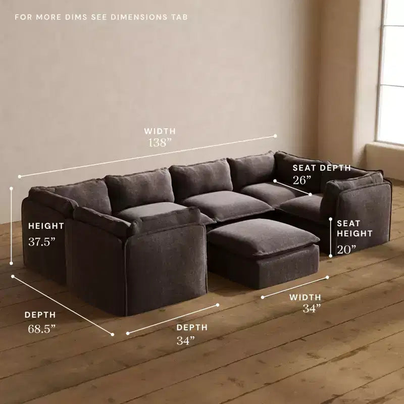 Canapé sectionnel en U Anabei modulaire lavable 6 places + pouf | Assise Deluxe+ et oreiller Cloud