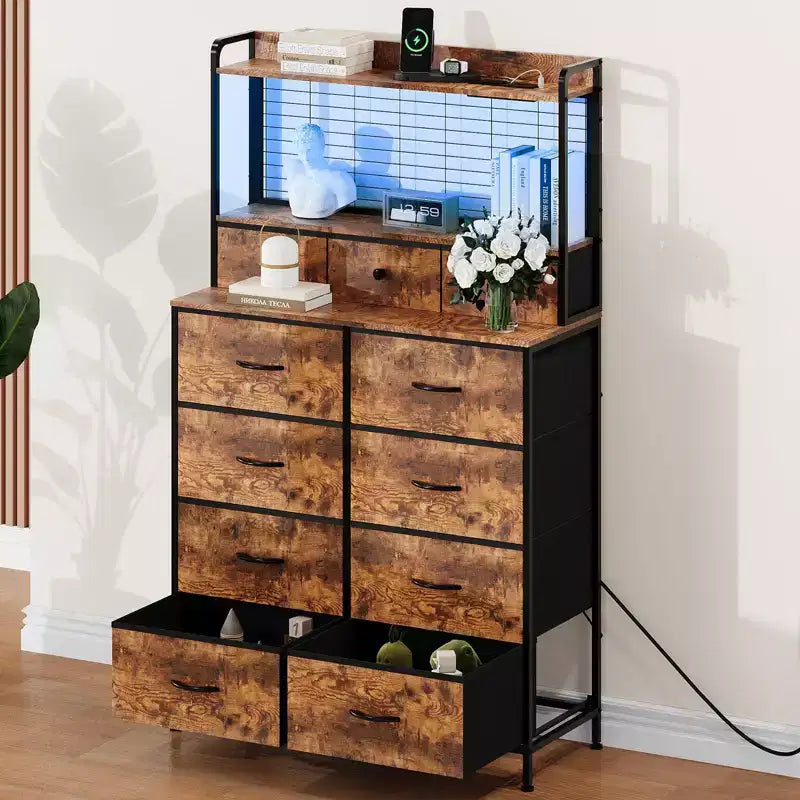 Commode, commode intelligente avec 11 tiroirs en tissu, station de recharge intégrée et RVB contrôlable par application, style industriel blanc