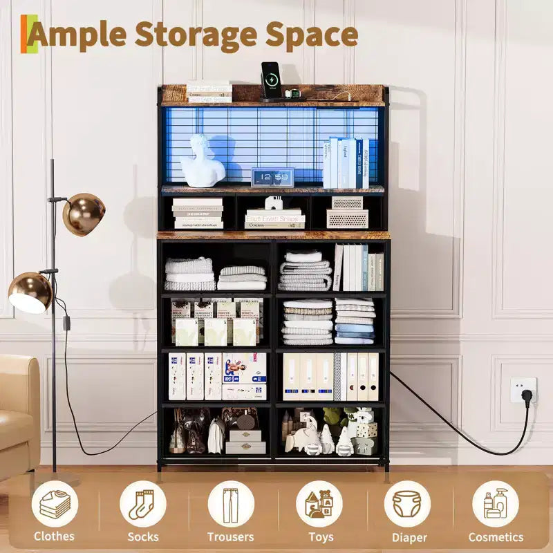 Commode, commode intelligente avec 11 tiroirs en tissu, station de recharge intégrée et RVB contrôlable par application, style industriel blanc