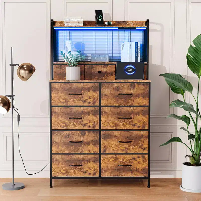 Commode, commode intelligente avec 11 tiroirs en tissu, station de recharge intégrée et RVB contrôlable par application, style industriel blanc